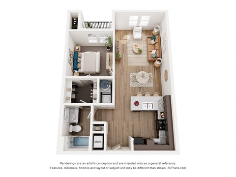 A 3D floor plan of a small apartment with a kitchen, living room, and bedrooms.